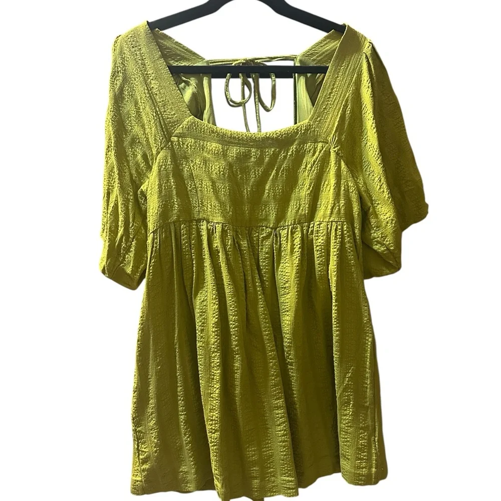 Free People Gigi Blouson Puff Sleeve Tunic Dress Medium Chartreuse Boho Pockets - Picture 9 of 12